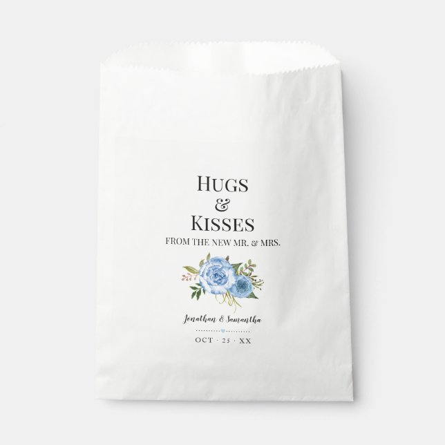 Hugs and Kisses from new Mrs Blue floral wedding Favour Bag (Front)