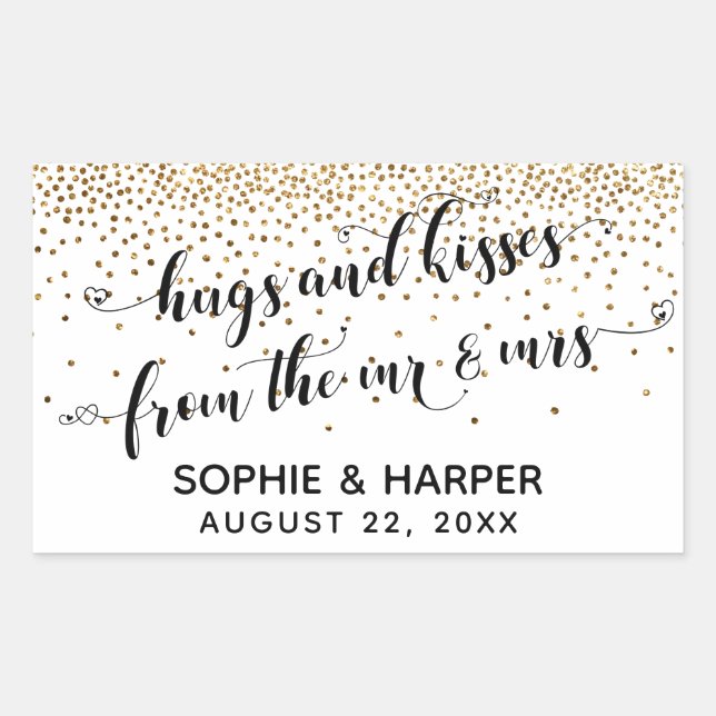 Hugs and Kisses from the Mr & Mrs Gold Confetti Sticker (Front)
