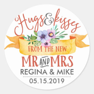 Hugs and Kisses From The New Mr and Mrs Floral Classic Round Sticker
