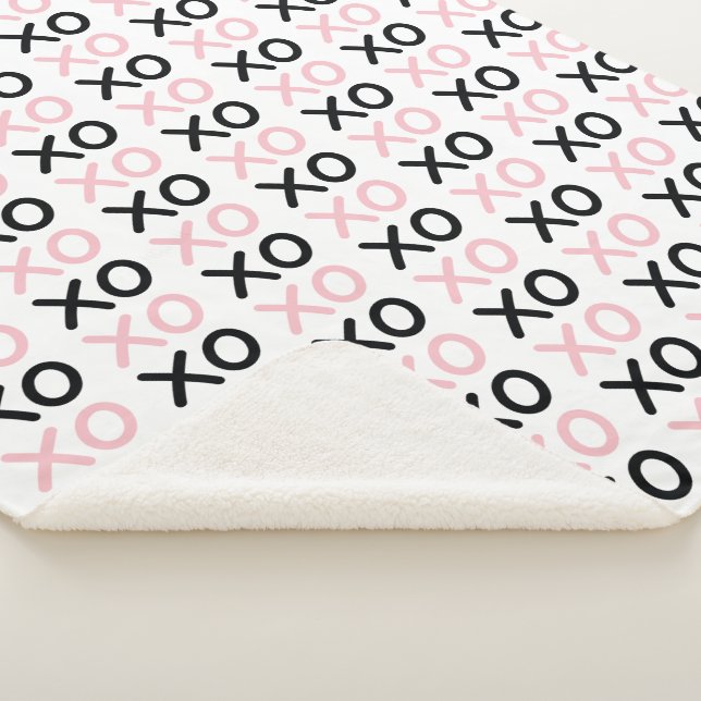 Hugs and Kisses OXOX Pink and Black Pattern Sherpa Blanket (3/4)