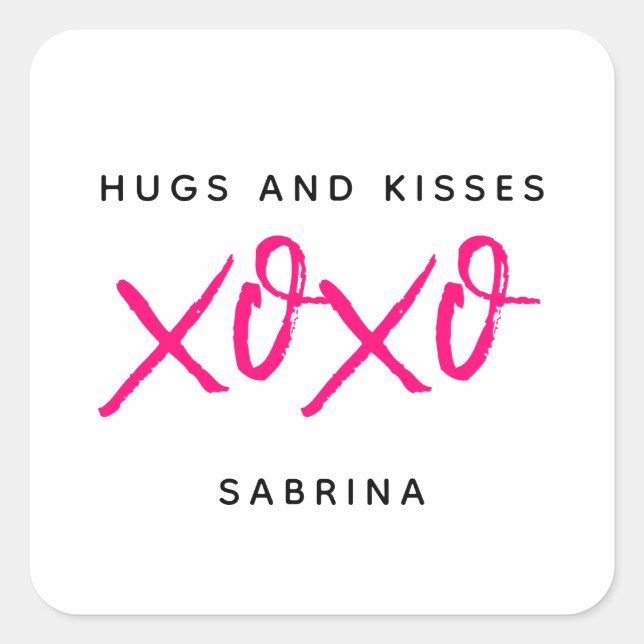 Hugs and Kisses Pink & Black Valentine's Day Square Sticker (Front)