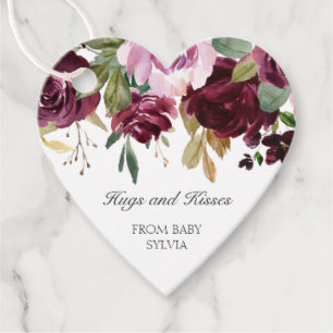 Hugs and Kisses Plum Floral Girl Baby Shower Favour Tags