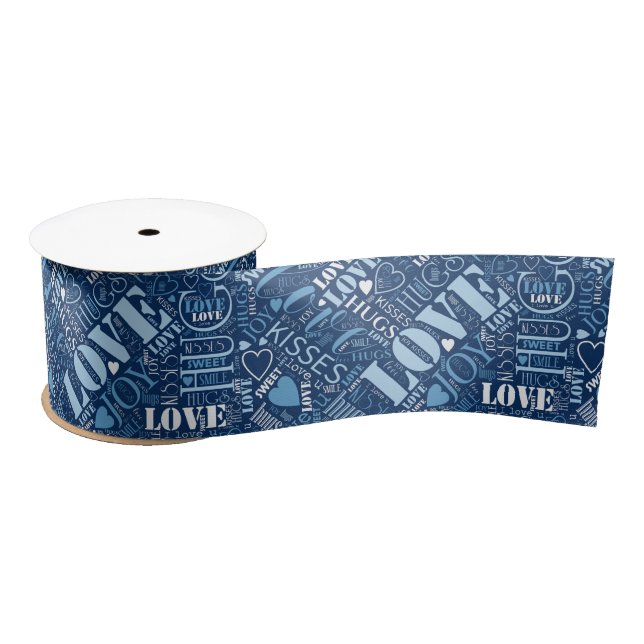 Hugs and Kisses Word Cloud Blue ID286 Satin Ribbon (Spool)