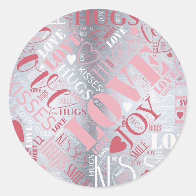 Hugs and Kisses Word Cloud Pink/Silver ID286 Classic Round Sticker (Front)