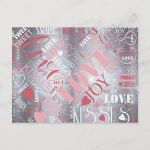 Hugs and Kisses Word Cloud Pink/Silver ID286 Postcard