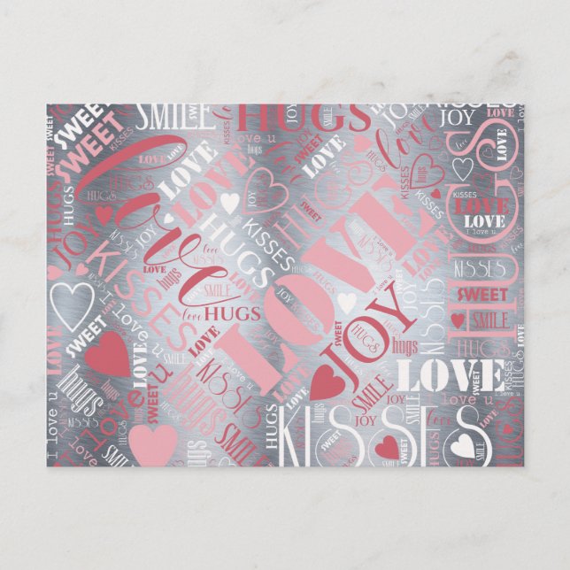 Hugs and Kisses Word Cloud Pink/Silver ID286 Postcard (Front)