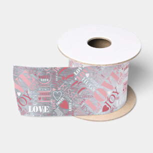 Hugs and Kisses Word Cloud Pink/Silver ID286 Satin Ribbon