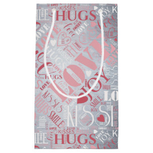Hugs and Kisses Word Cloud Pink/Silver ID286 Small Gift Bag