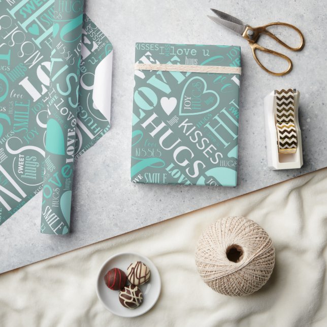 Hugs and Kisses Word Cloud Teal ID286 Wrapping Paper (Crafts)