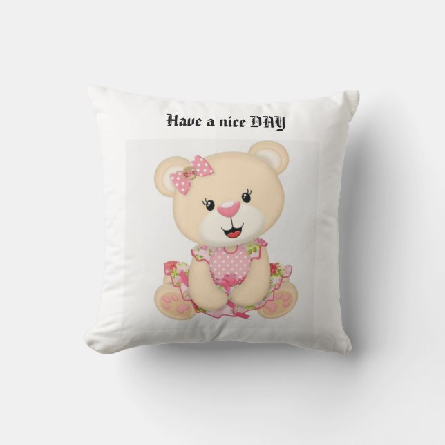Hugs & Happiness: Pink Bear Throw Pillow with Posi (Front)