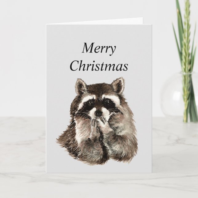Hugs & Kisses Christmas Wishes with Cute Raccoon H Holiday Card (Front)