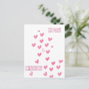 HUGS & KISSES - Cute Pink Watercolour Hearts  Postcard