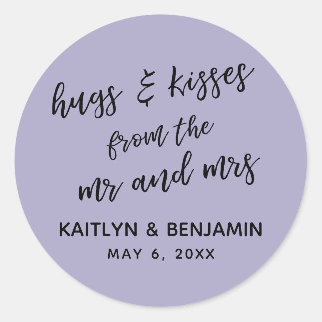 Hugs & Kisses from the Mr and Mrs Dusty Purple Classic Round Sticker (Front)