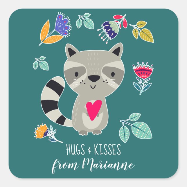 Hugs & Kisses Funny Raccoon Custom Valentine's Day Square Sticker (Front)