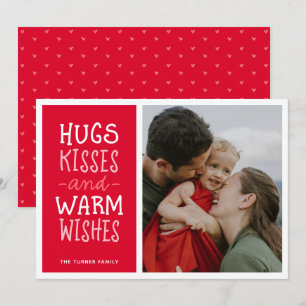 Hugs Kisses Warm Wishes Cute Simple Red One Photo Holiday Card