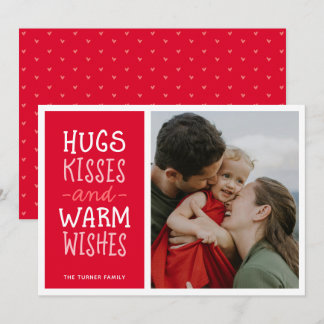 Hugs Kisses Warm Wishes Cute Simple Red One Photo Holiday Card