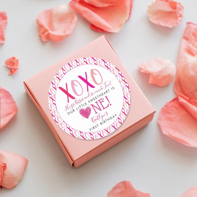 Hugs & Kisses (XOXO) Valentine's Day 1st Birthday Classic Round Sticker (Creator Uploaded)