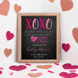 Hugs & Kisses (XOXO) Valentine's Day 1st Birthday Poster