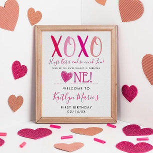 Hugs & Kisses (XOXO) Valentine's Day 1st Birthday Poster