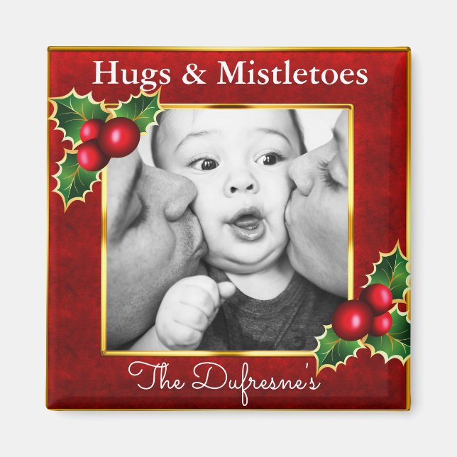 Hugs & Mistletoes Personalized Christmas Magnet (Front)