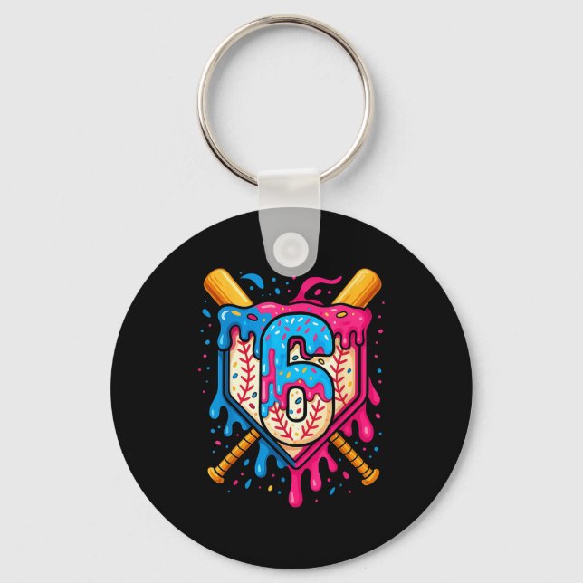 Hugvyn 6th Birthday Baseball Ice Cream Drip Number Keychain (Front)