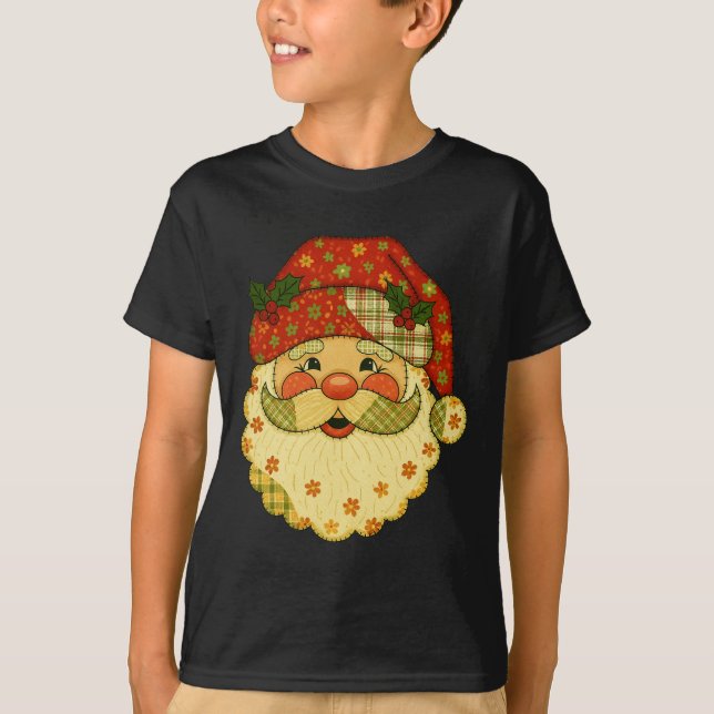 Hugvyn Christmas Santa Claus Patchwork Matching Fa T-Shirt (Front)