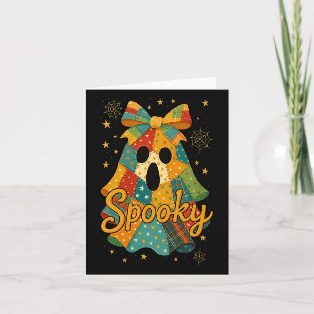 Hugvyn Halloween Patchwork Spooky Ghost Bow Preppy Card (Front)