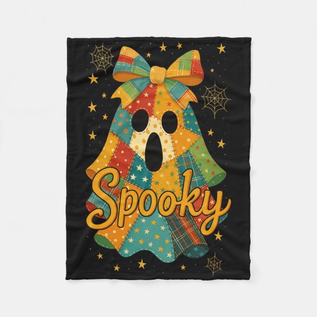 Hugvyn Halloween Patchwork Spooky Ghost Bow Preppy Fleece Blanket (Front)