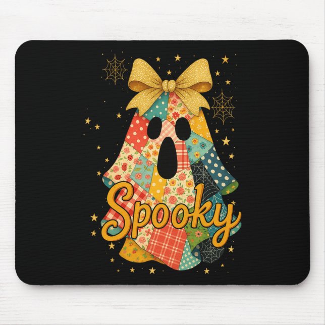 Hugvyn Halloween Patchwork Spooky Ghost Bow Preppy Mouse Pad (Front)