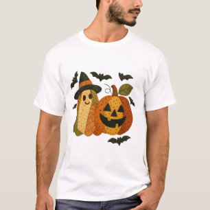 Hugvyn Halloween Preppy Patchwork Pumpkin Floral A T-Shirt