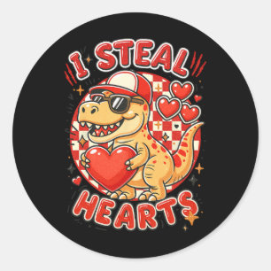Hugvyn I Steal Hearts Valentine Boys Dinosaur Hold Classic Round Sticker