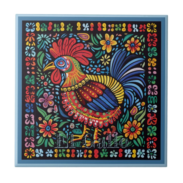 Huichol Loteria Ceramic Tile: El Gallo Tile (Front)