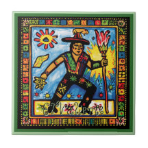 Huichol Loteria Ceramic Tile: El Valiente Ceramic