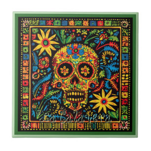 Huichol Loteria Ceramic Tile: La Calavera Tile