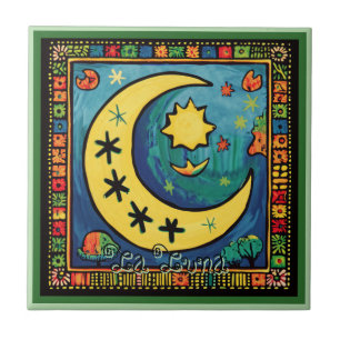 Huichol Loteria Ceramic Tile: La Luna Ceramic Tile