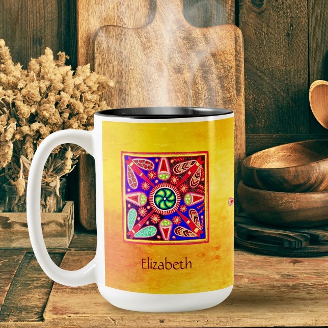 Huichol Mexican Art Bohemian Colourful Two-Tone Coffee Mug (Enjoy your coffee in our personalized Huichol Mexican Art Bohemian Colorful Mug—vibrant and unique!)