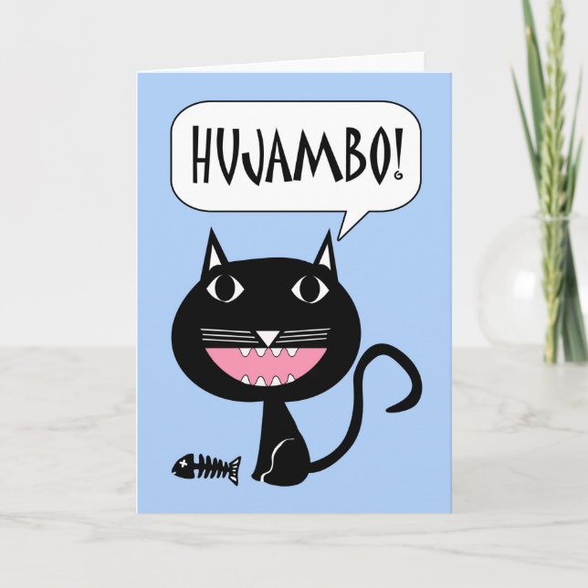 Hujambo! Hello in Swahili, Cat with Fish Bones Card (Front)