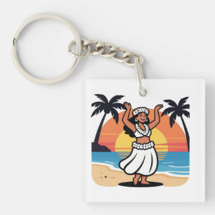 Hula dance beach party sunset tropical island art keychain