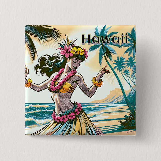 Hula Dancer on the Hawaii 2 Inch Square Button (Front)