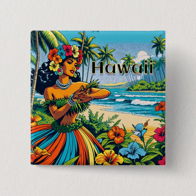 Hula Dancer on the Hawaiian Islands 2 Inch Square Button (Front)