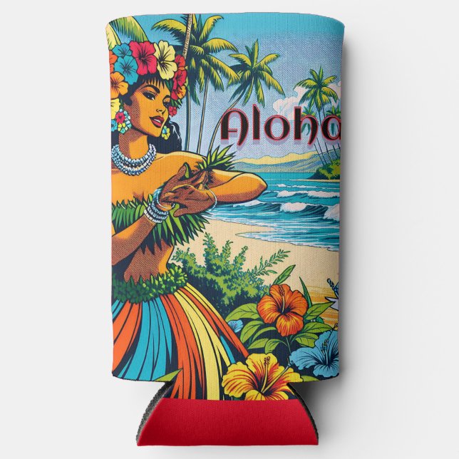 Hula Dancer on the Hawaiian Islands Aloha Seltzer Can Cooler (Front)