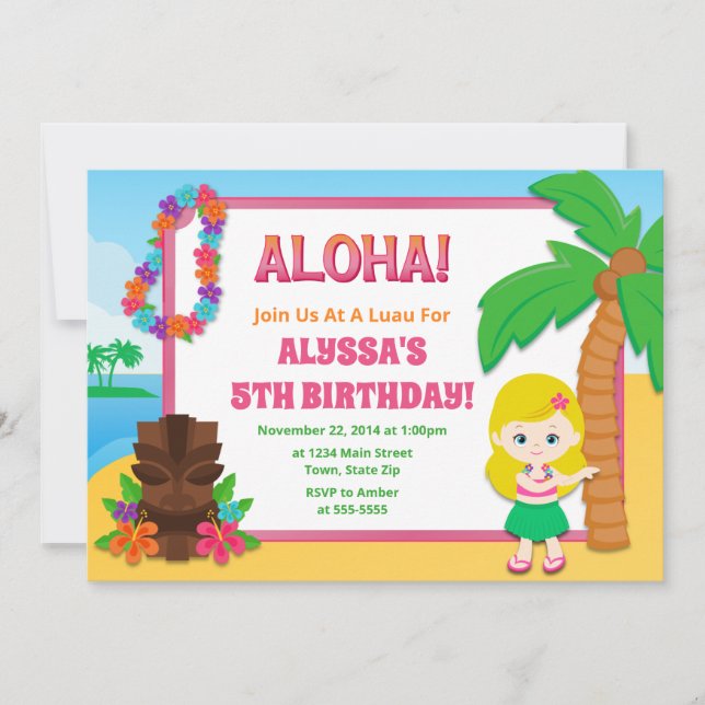 Hula Girl Birthday Invitation Luau Invitation (Front)