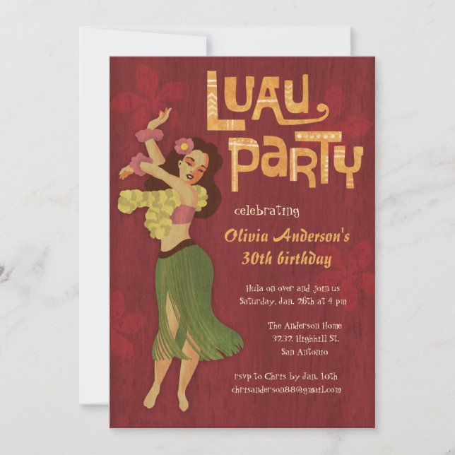 Hula Girl Hawaiian Luau Invitations (Front)