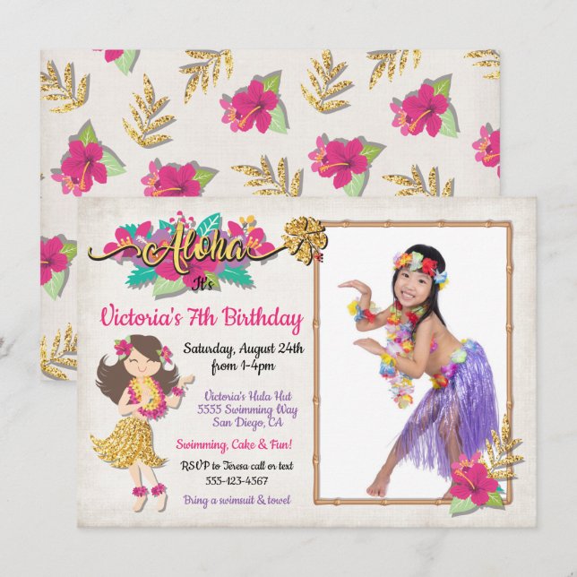 Hula Girl Tropical Birthday Photo Invitation (Devant / Derrière)