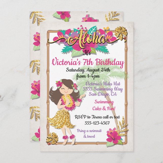 Hula Girl Tropical Pool party Birthday Invitation (Front/Back)