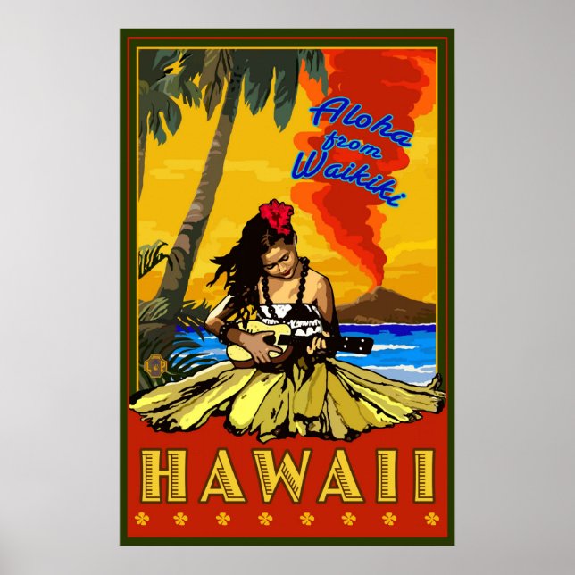 Hula Girl - Waikiki, Hawaii Poster de tête de diam (Devant)