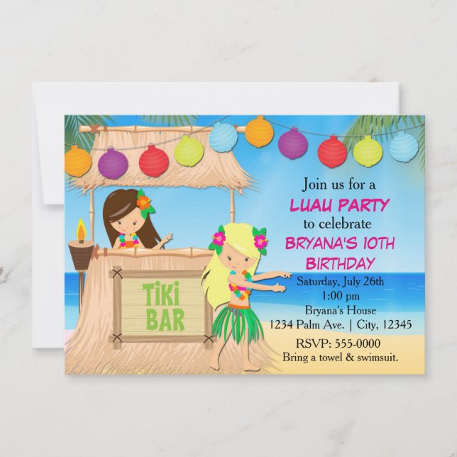 Hula girls beach tiki birthday party invitation (Front)