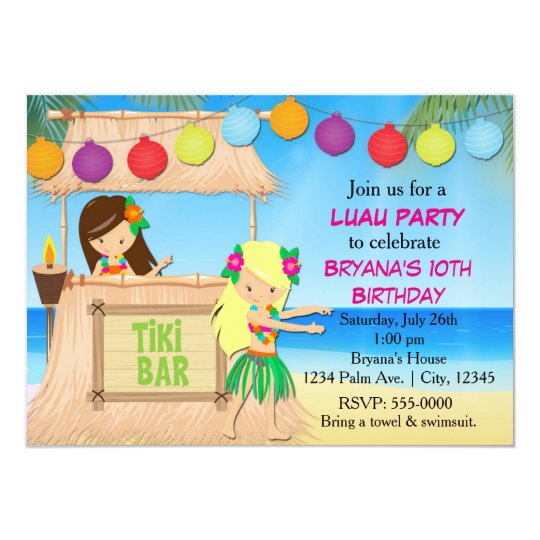Hula girls beach tiki birthday party invitation
