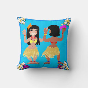 Hula Girls Dancing On Light Blue Pillow