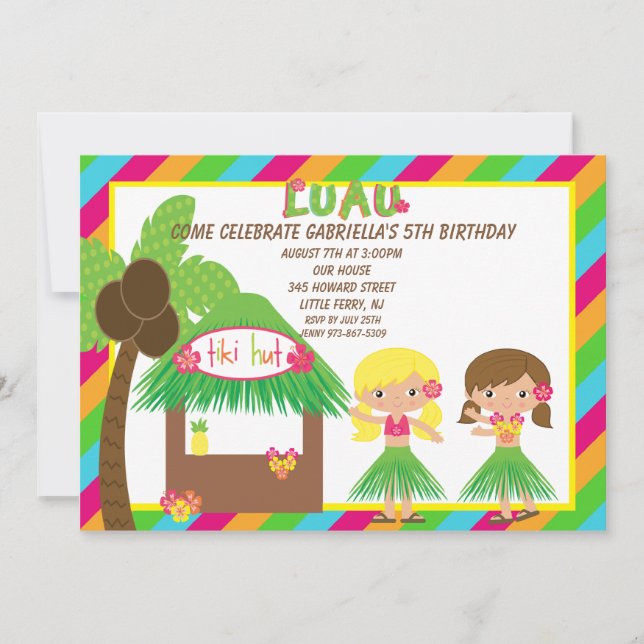 Hula Girls Tiki Hut Bright  Birthday Invitation (Front)
